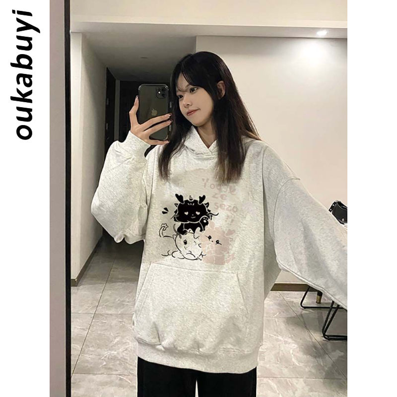 OUKABUYI450G重磅銀狐絨純棉連帽衛衣女高街風特色設計百搭上衣潮