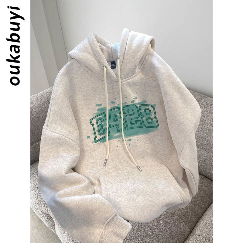 OUKABUYI450G重磅銀狐絨純棉連帽衛衣女潮牌簡約運動風休閒上衣潮