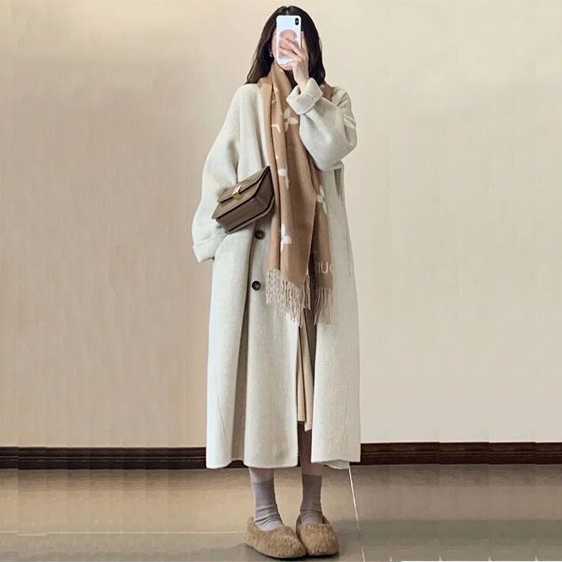 燕麥色呢子大衣女中長款新款秋冬小個子赫本風高級感加厚毛呢外套