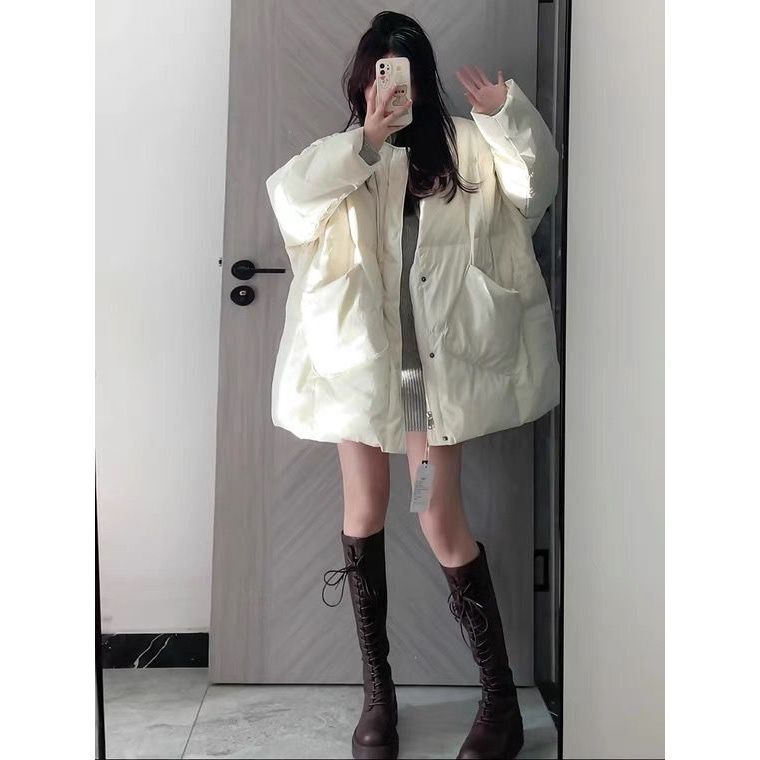 Mid-length, light and thin cotton-padded jacket, white bread-padded jacket, women's winter thickened warm jacket, gentle style, Korean style cotton coat