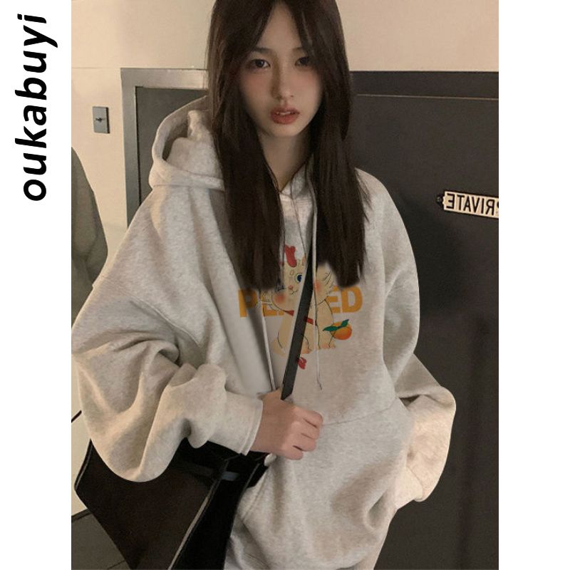 OUKABUYI450G重磅銀狐絨純棉連帽衛衣女美拉德鹽系情侶款氣質上衣