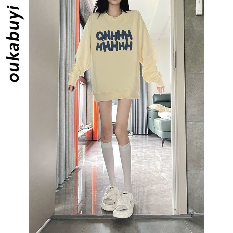 OUKABUYI450G重磅銀狐絨純棉圓領衛衣女潮牌精簡設計感寬鬆上衣潮