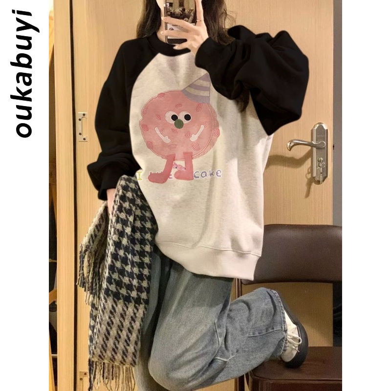 OUKABUYI450G重磅銀狐絨純棉圓領拼接衛衣女法式卡通慵懶風上衣潮