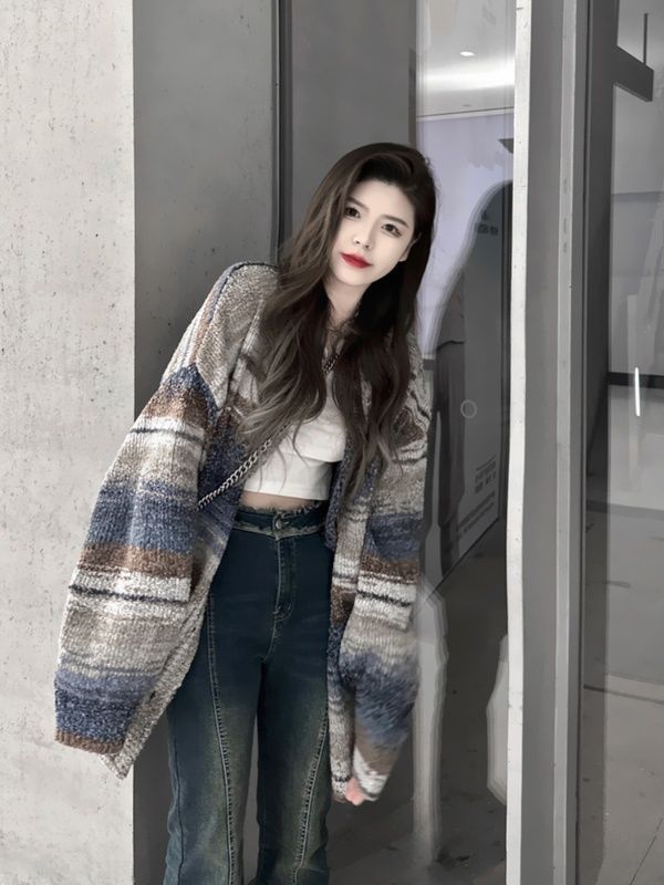 秋冬新款條紋毛衣女打底外穿長袖上衣開衫百搭寬鬆顯瘦針織外套女