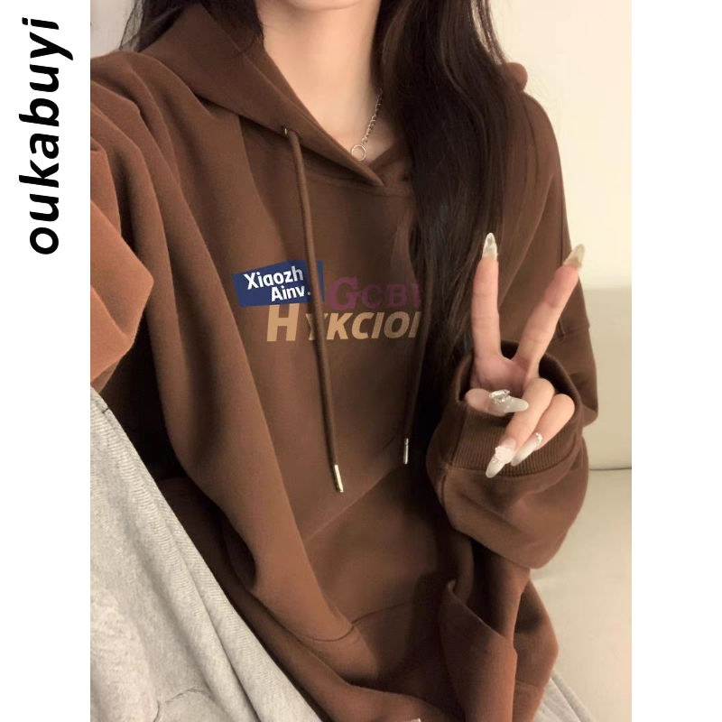 OUKABUYI450G重磅銀狐絨純棉連帽衛衣女校園個性情侶款百搭上衣潮
