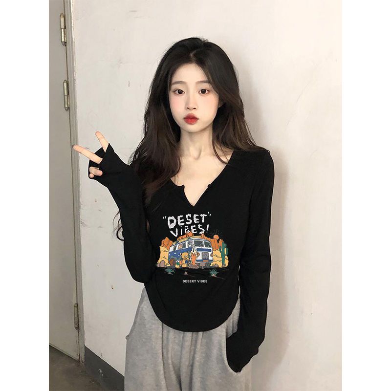 V領黑色長袖t恤女秋冬設計感小眾顯瘦別致上衣內搭體恤打底衫辣妹