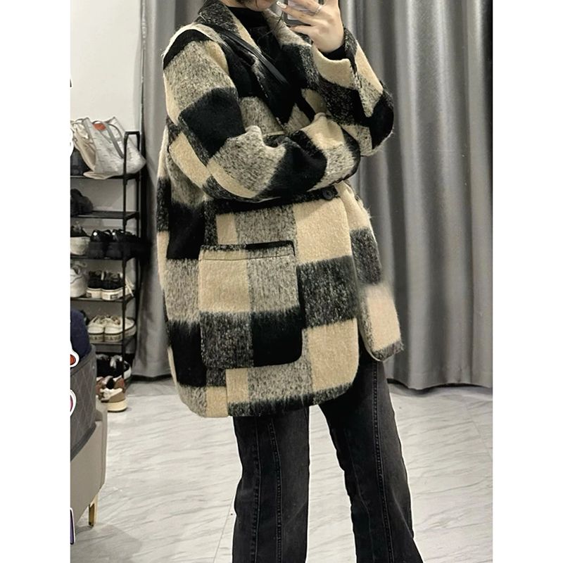 格子西裝毛呢外套女小個子2023秋冬季新款高級感短款加厚呢子大衣