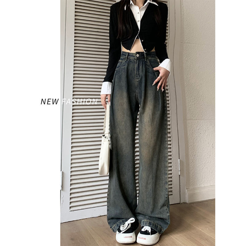 加絨闊腿牛仔褲女秋冬款2023新款小個子高腰復古寬鬆直筒褲子冬季
