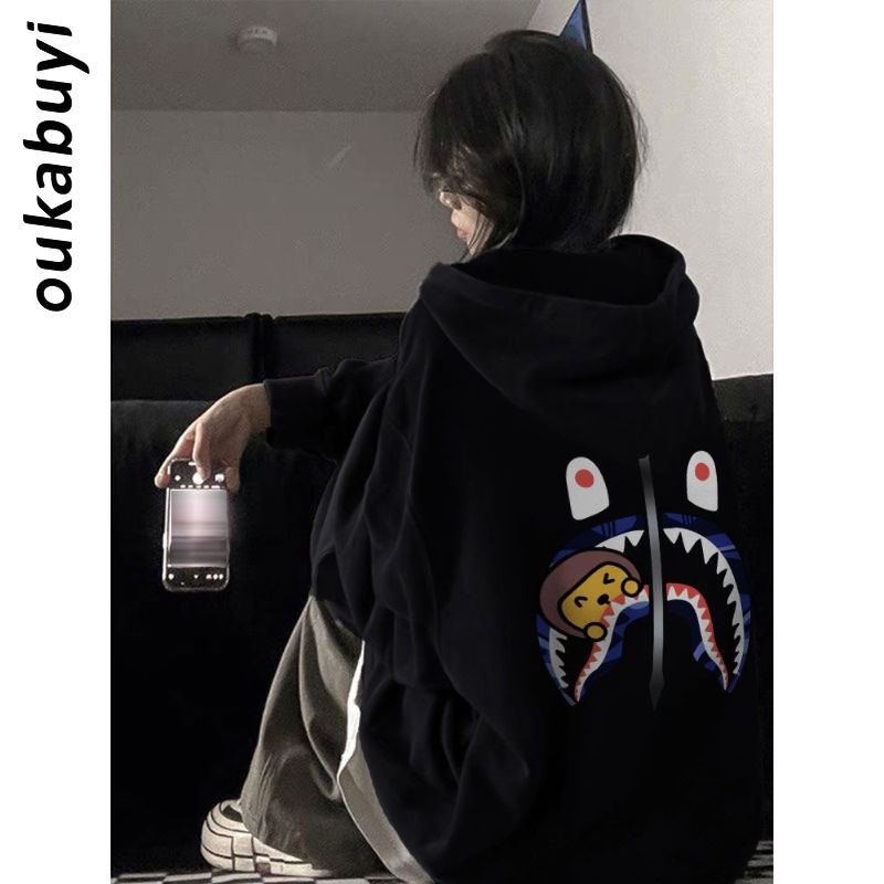 OUKABUYI450G重磅銀狐絨純棉連帽衛衣女美拉德別致個性寬鬆上衣服