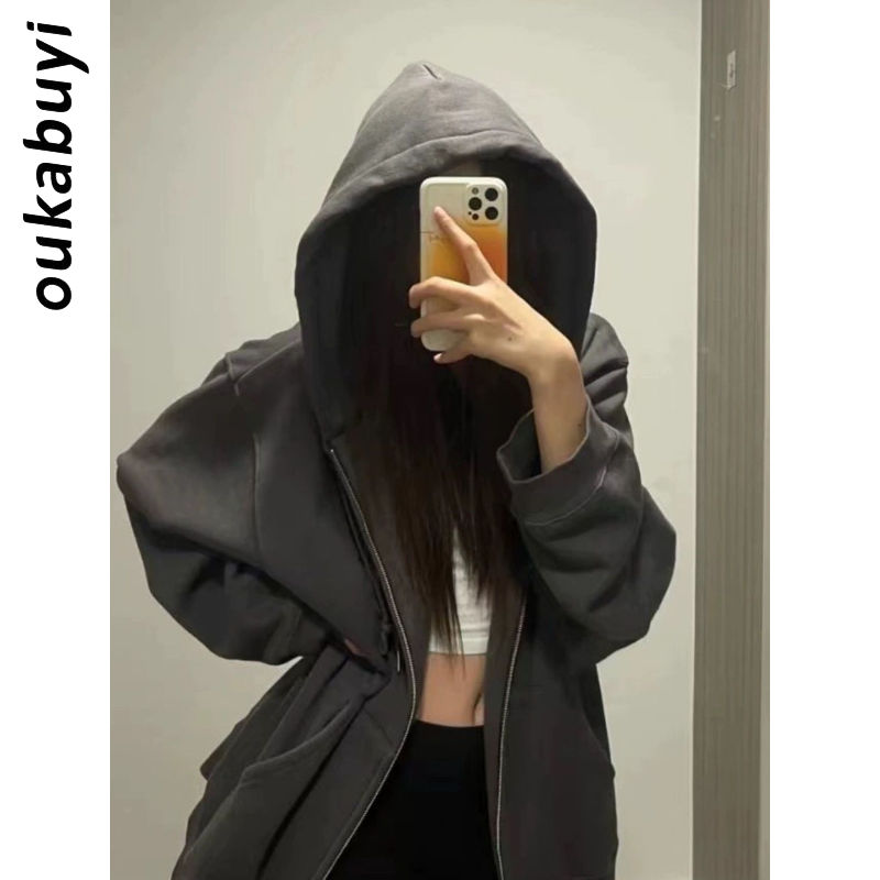 OUKABUYI450G重磅銀狐絨純棉連帽衛衣女純色美拉德潮流顯瘦外套潮