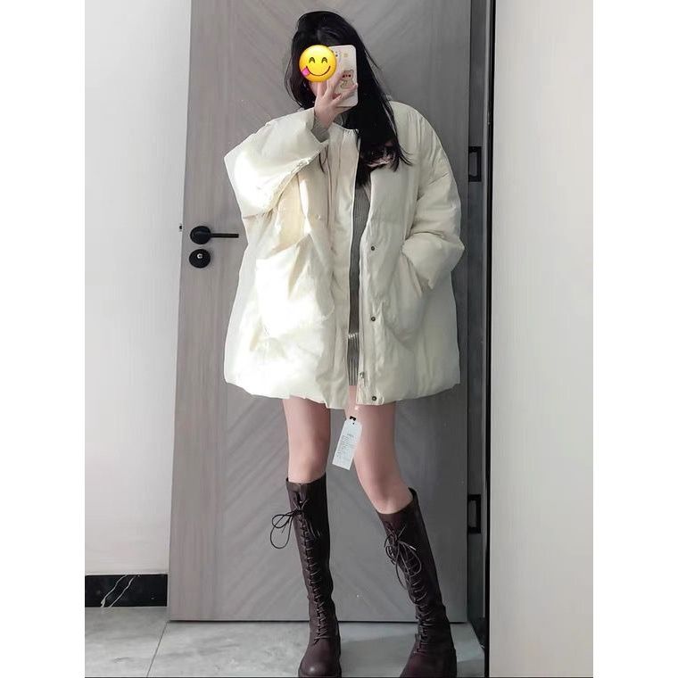 Mid-length, light and thin cotton-padded jacket, white bread-padded jacket, women's winter thickened warm jacket, gentle style, Korean style cotton coat