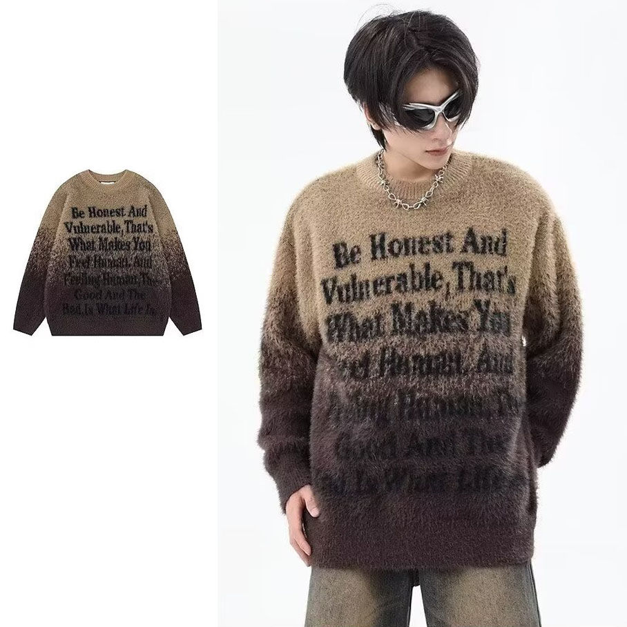 Trendy brand letter gradient sweater for men and women Maillard versatile soft waxy plush lazy loose ins student sweater