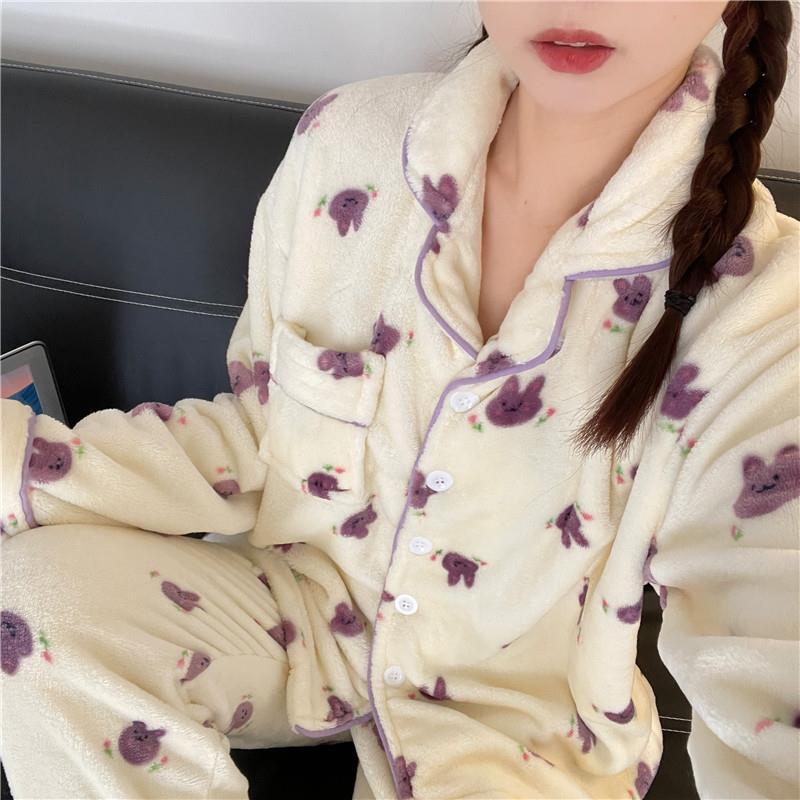 網紅兔子珊瑚絨睡衣女秋冬天加絨加厚法蘭毛絨大碼套裝保暖家居服