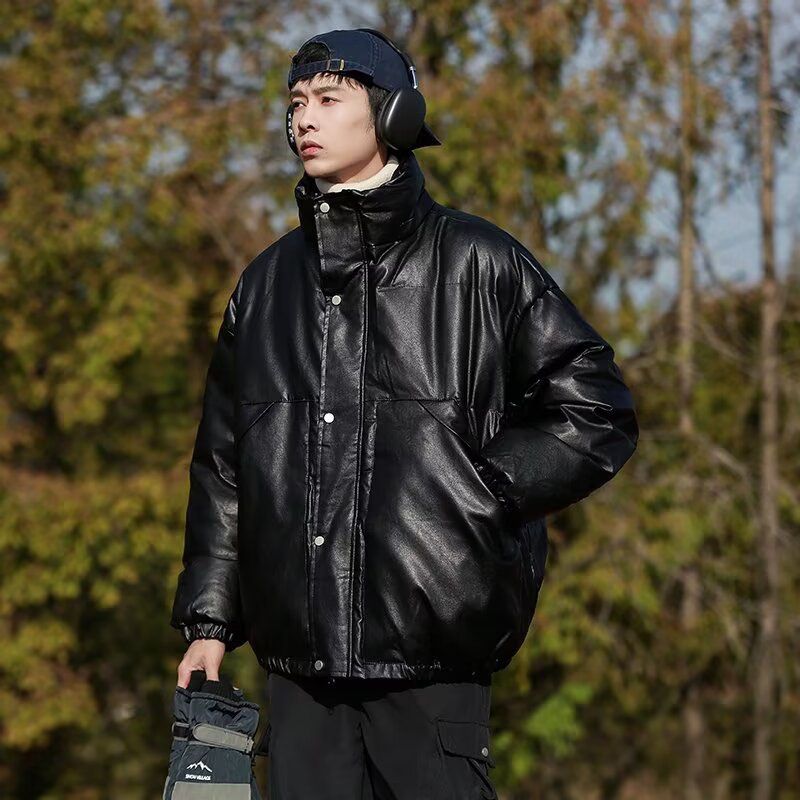 Winter new American retro pu leather jacket men's thickened cotton jacket stand-up collar handsome bread jacket trendy brand