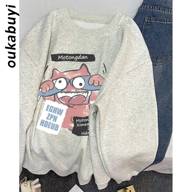 OUKABUYI450G重磅銀狐絨純棉圓領衛衣女韓系繪畫風休閒寬鬆上衣潮