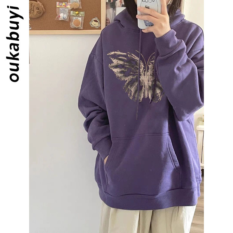 OUKABUYI450G重磅銀狐絨純棉連帽衛衣女美拉德個性別致設計感上衣