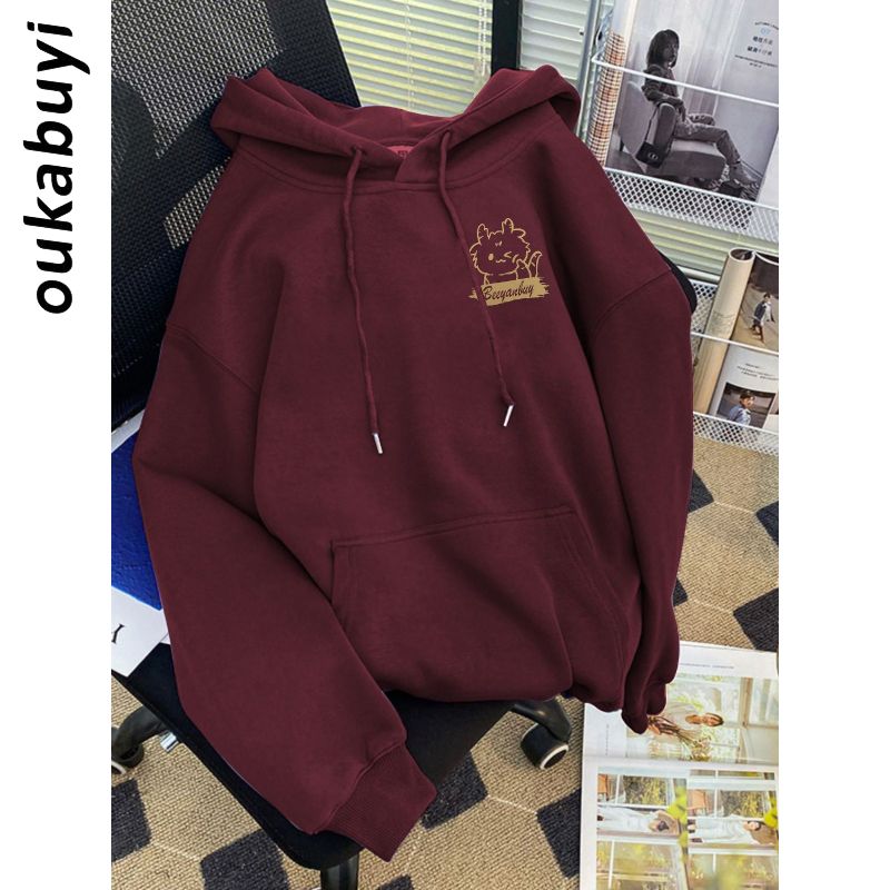 OUKABUYI450G重磅銀狐絨純棉連帽衛衣女學院風卡通潮流寬鬆上衣潮