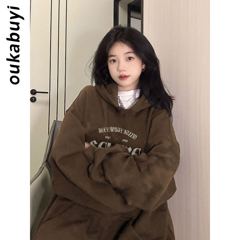 OUKABUYI450G重磅銀狐絨純棉連帽衛衣女街頭原宿個性潮流寬鬆上衣
