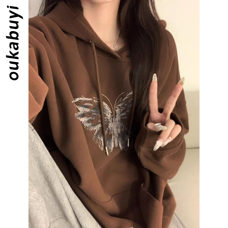 OUKABUYI450G重磅銀狐絨純棉連帽衛衣女美式個性獨特印花百搭上衣