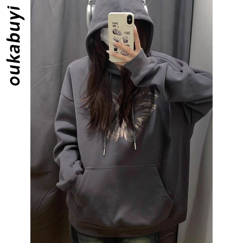 OUKABUYI450G重磅銀狐絨純棉連帽衛衣女韓版藝術設計感小眾上衣潮