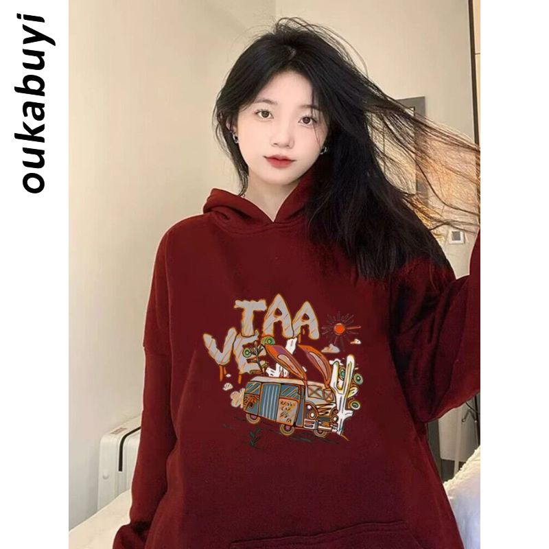 OUKABUYI450G重磅銀狐絨純棉連帽衛衣女美式特色潮流個性寬鬆上衣