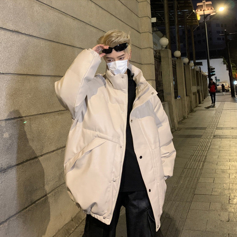 oversize white pu leather casual cotton coat men's winter vibe high street cotton coat jacket high-end winter coat