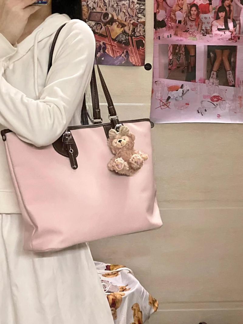 2023新款少女粉色格子包包手提托特包纯色简约百搭大容量通勤包女