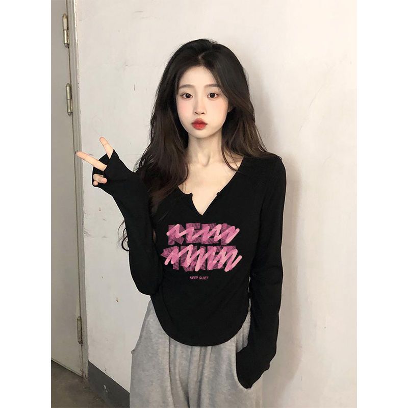 純棉正肩長袖小v領t恤女新款秋季弧形下擺純欲風修身辣妹上衣ins