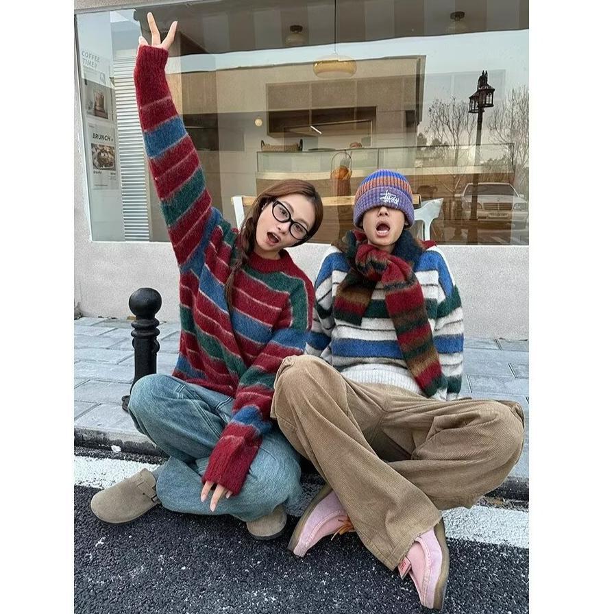 Retro rainbow striped sweater for men and women trendy niche soft waxy plush lazy loose ins student versatile sweater