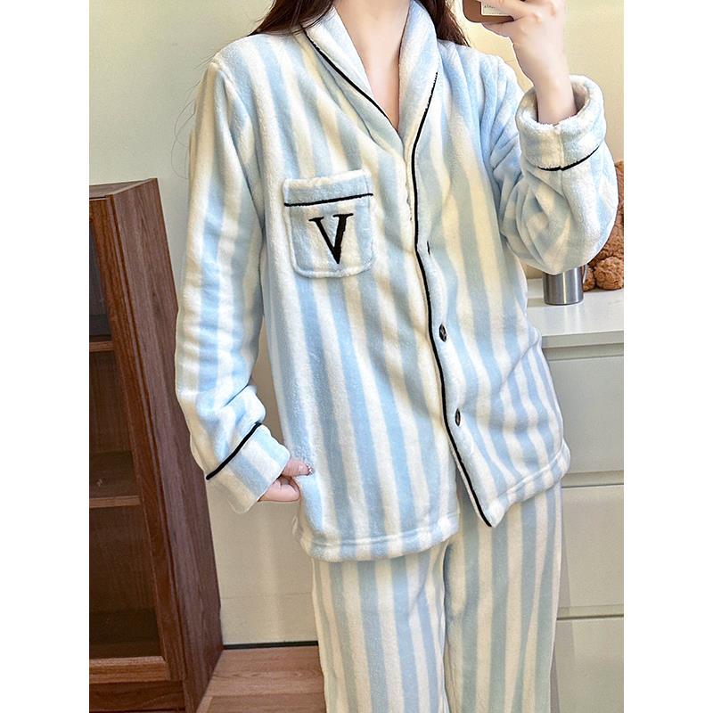 珊瑚絨睡衣女款冬季2023新款加厚保暖條紋法蘭絨家居服套裝可外穿