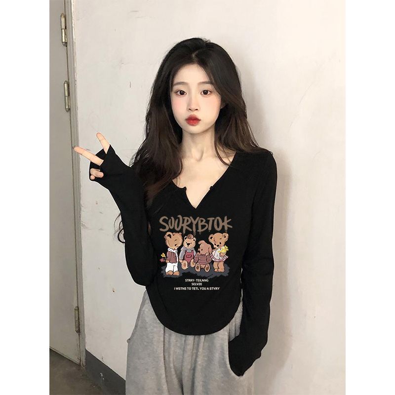 純棉正肩長袖小v領t恤女新款秋季弧形下擺純欲風修身辣妹上衣ins