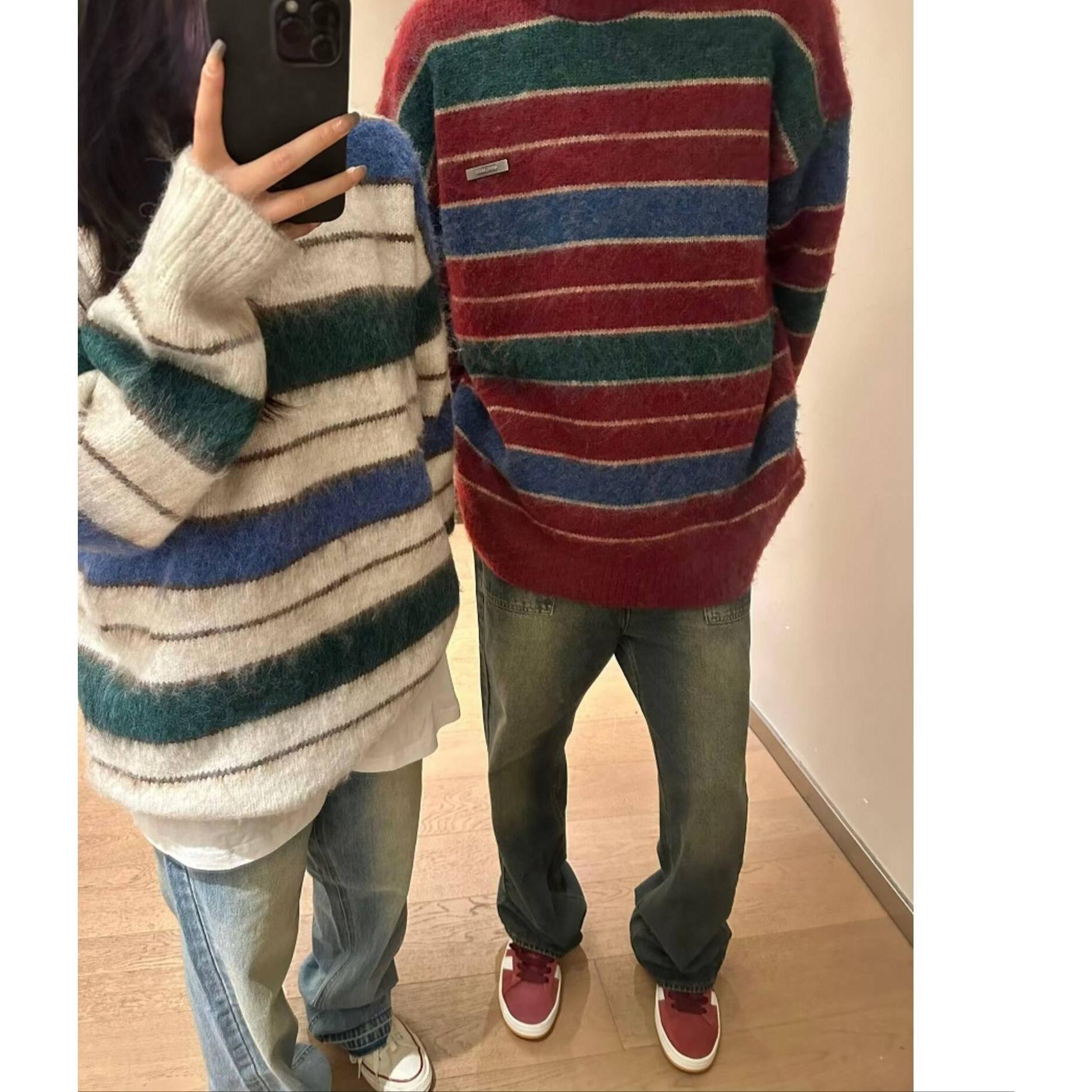 Retro striped sweaters for men and women in contrasting colors, versatile trendy casual soft, waxy, furry, lazy and loose ins sweaters