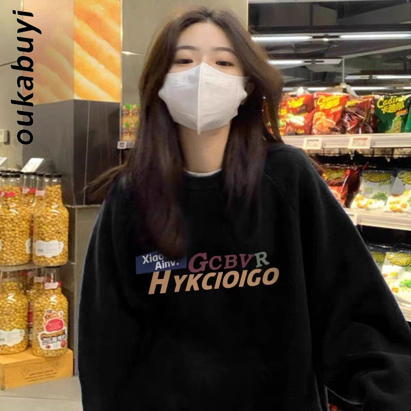 OUKABUYI450G重磅銀狐絨純棉圓領衛衣女韓版校園帥氣高街寬鬆上衣