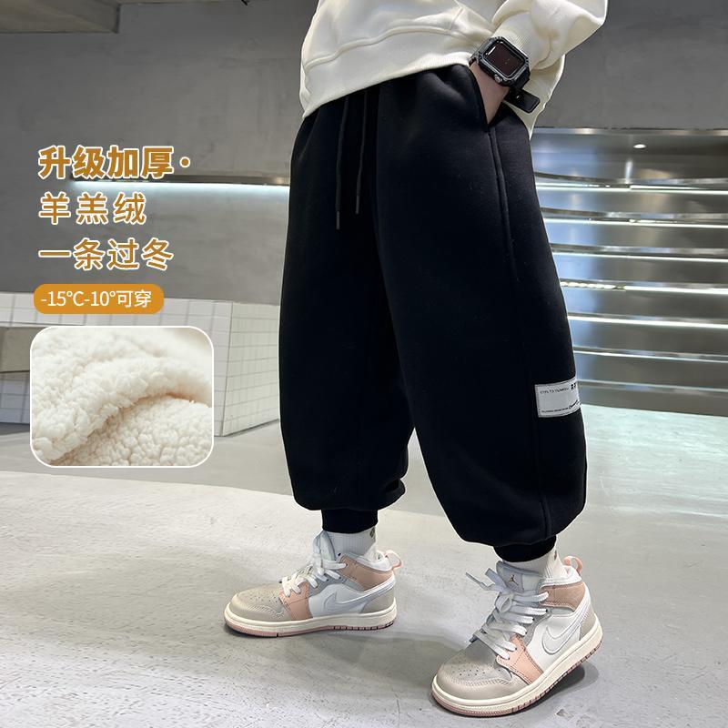 男童加絨褲子一體絨運動衛褲秋冬款2023新款大兒童冬季羊羔絨棉褲