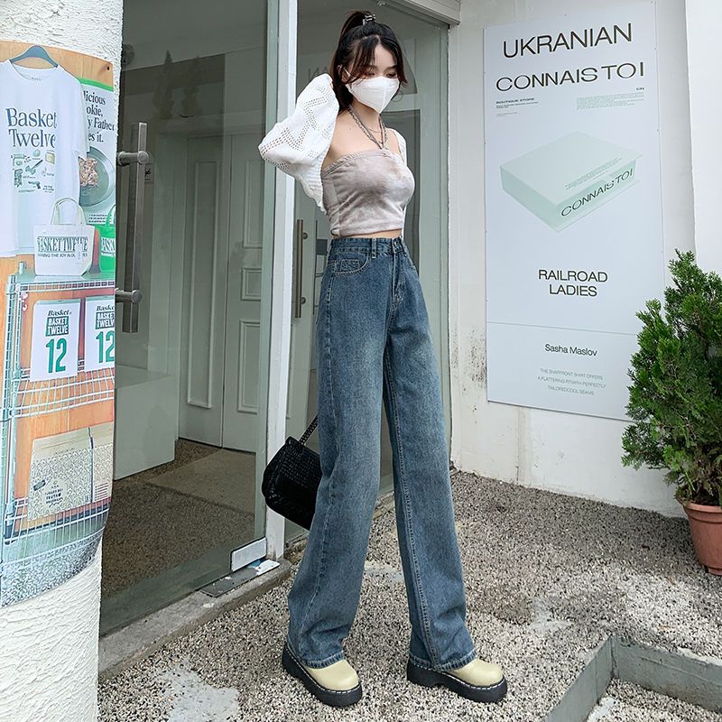 復古百搭高腰寬鬆直筒牛仔褲女2023秋冬新款時尚百搭牛仔闊腿褲