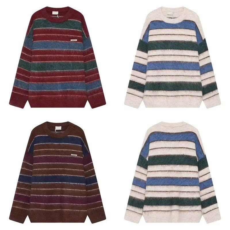 Retro striped sweaters for men and women in contrasting colors, versatile trendy casual soft, waxy, furry, lazy and loose ins sweaters