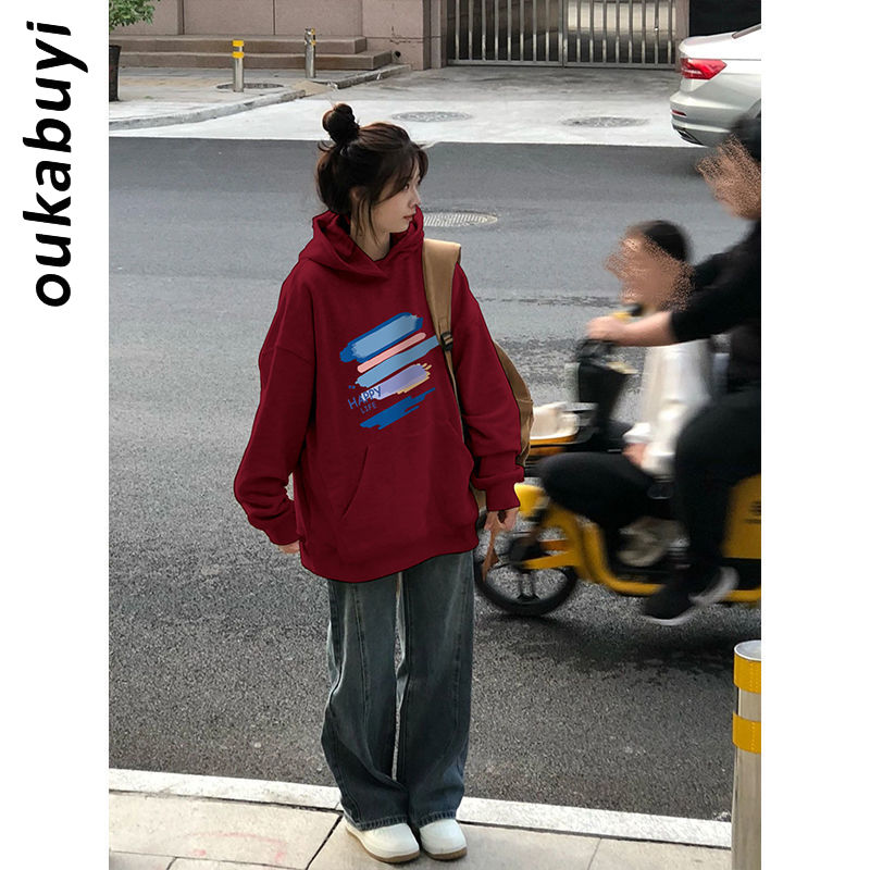 OUKABUYI450G重磅銀狐絨純棉連帽衛衣女美式潮流個性印花寬鬆上衣