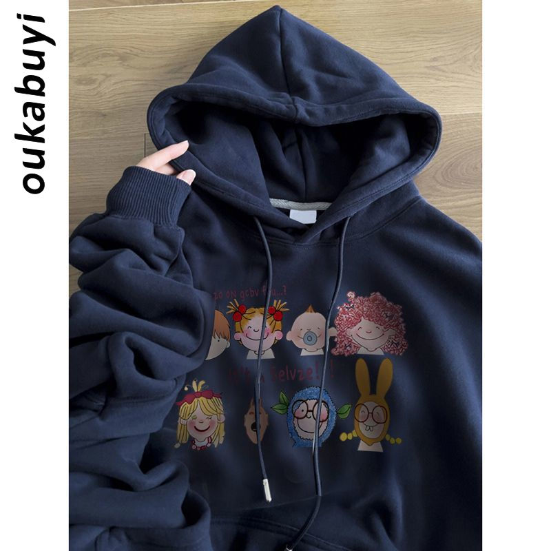 OUKABUYI450G重磅銀狐絨純棉連帽衛衣女日系休閒漫畫風百搭上衣潮