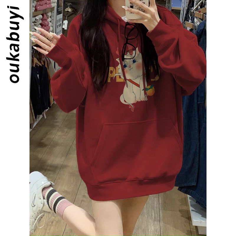 OUKABUYI450G重磅銀狐絨純棉連帽衛衣女鹽系甜辣慵懶vibe休閒上衣