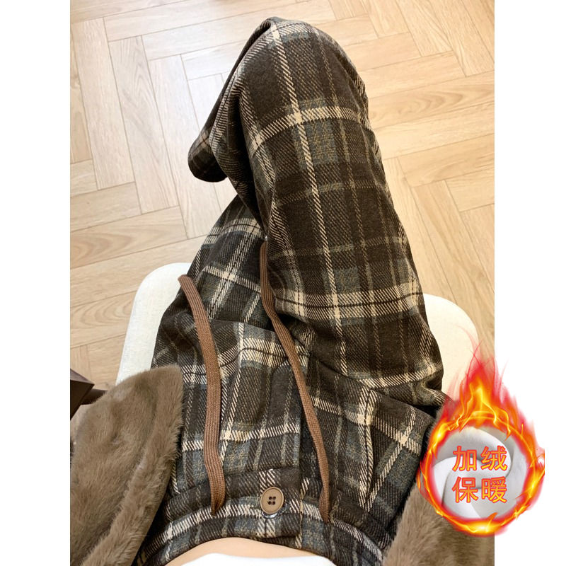 毛呢加絨復古格子褲女秋冬高腰寬鬆垂感休閒直筒褲顯瘦窄版闊腿褲