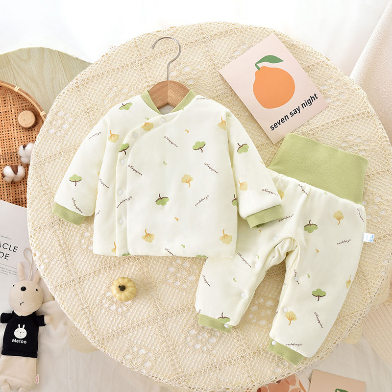 Baby suit autumn and winter quilted thickened warm baby cotton coat and trousers pure cotton pajamas newborn clothes belly protection