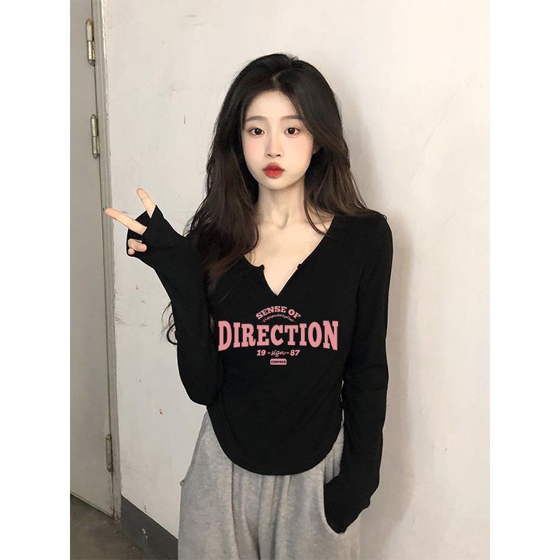 純棉正肩長袖小v領t恤女新款秋季弧形下擺純欲風修身辣妹上衣ins