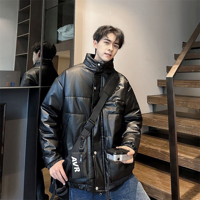 日系pu皮夾克棉服男痞帥大碼寬鬆帥氣棉襖羽絨棉衣潮冬季立領外套