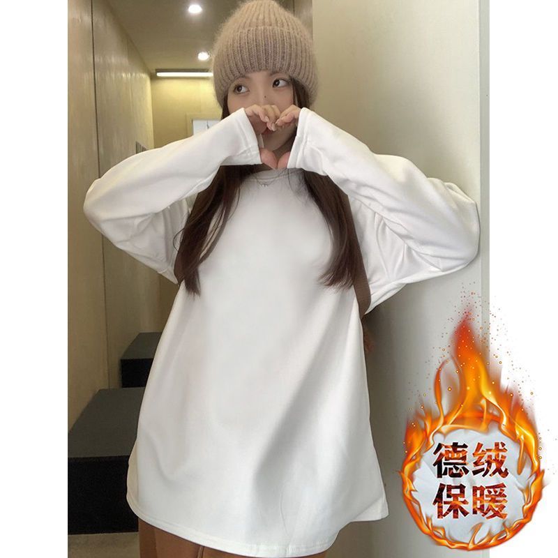 白色打底衫女中長款德絨內搭秋冬季長袖上衣寬鬆加厚保暖t恤磨毛