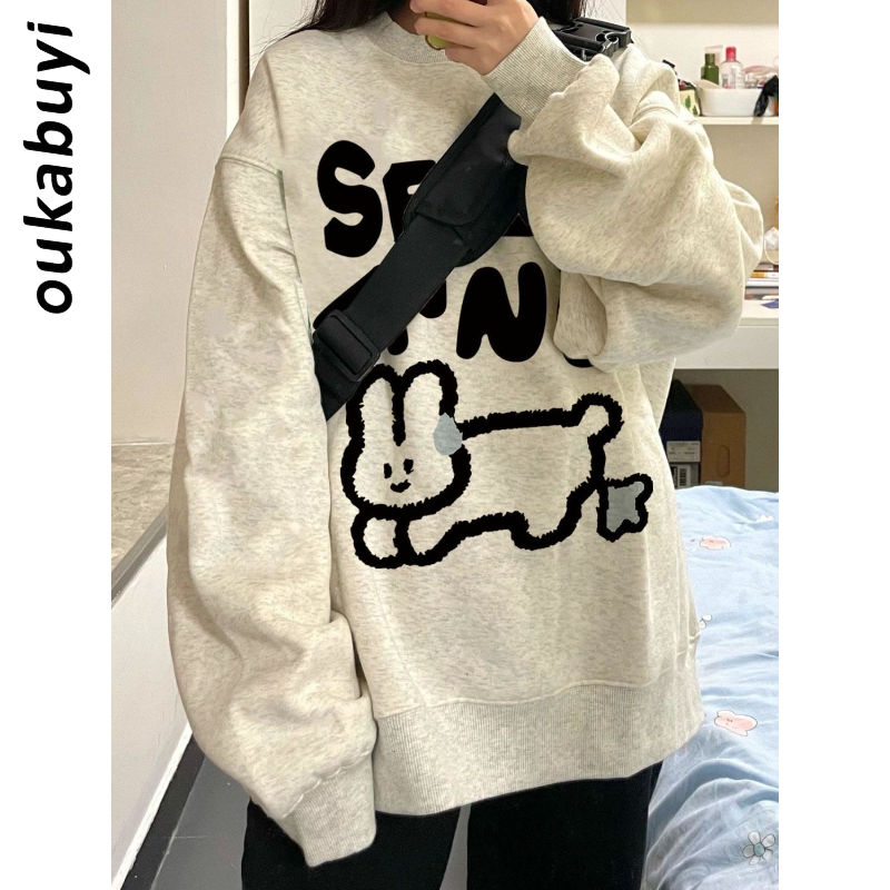 OUKABUYI100%純棉重磅銀狐絨圓領衛衣女美式簡約小清新寬鬆上衣