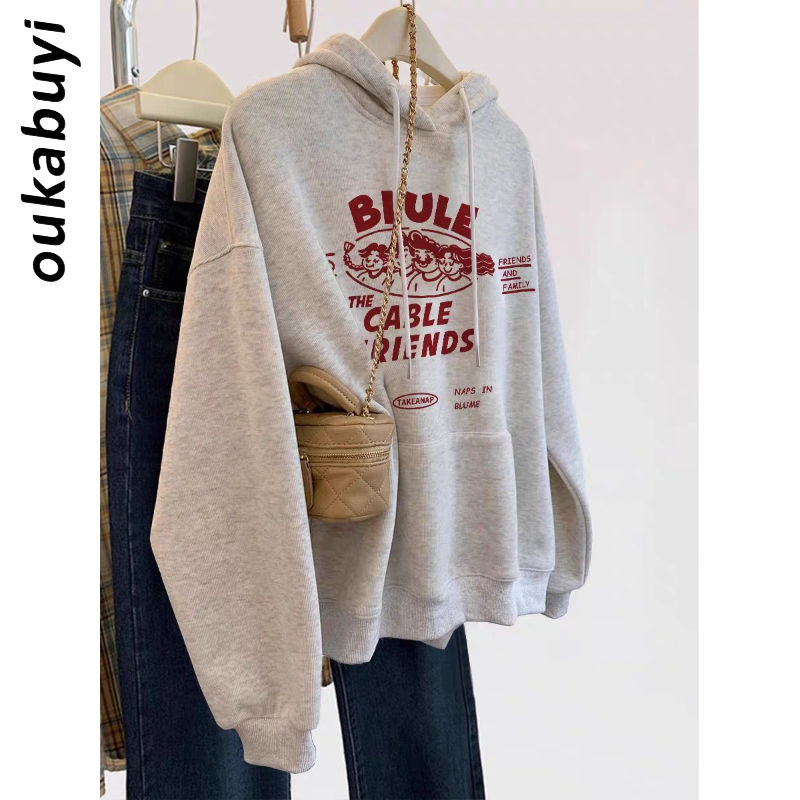 OUKABUYI450g重磅銀狐絨純棉連帽衛衣女秋冬美式潮牌ins風上衣潮