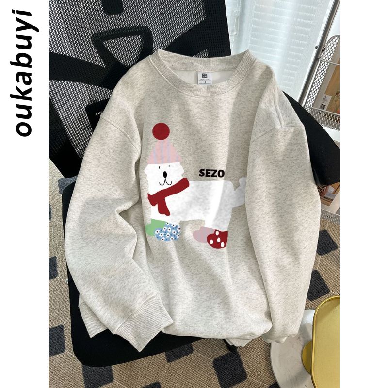 OUKABUYI450G重磅銀狐絨純棉圓領衛衣女校園簡約卡通休閒百搭上衣