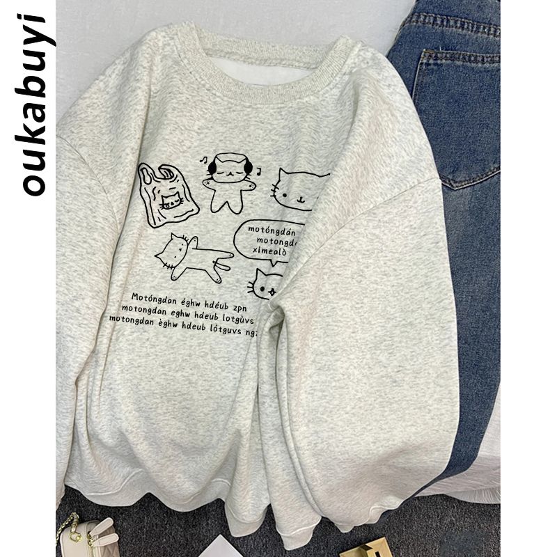 OUKABUYI450G重磅銀狐絨純棉圓領衛衣女美式復古甜美精簡寬鬆上衣