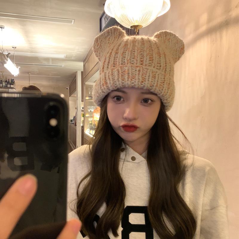 Korean version of for women in autumn winter, cute little bear ears, woolen hat with curled edges, large head_voghion.com