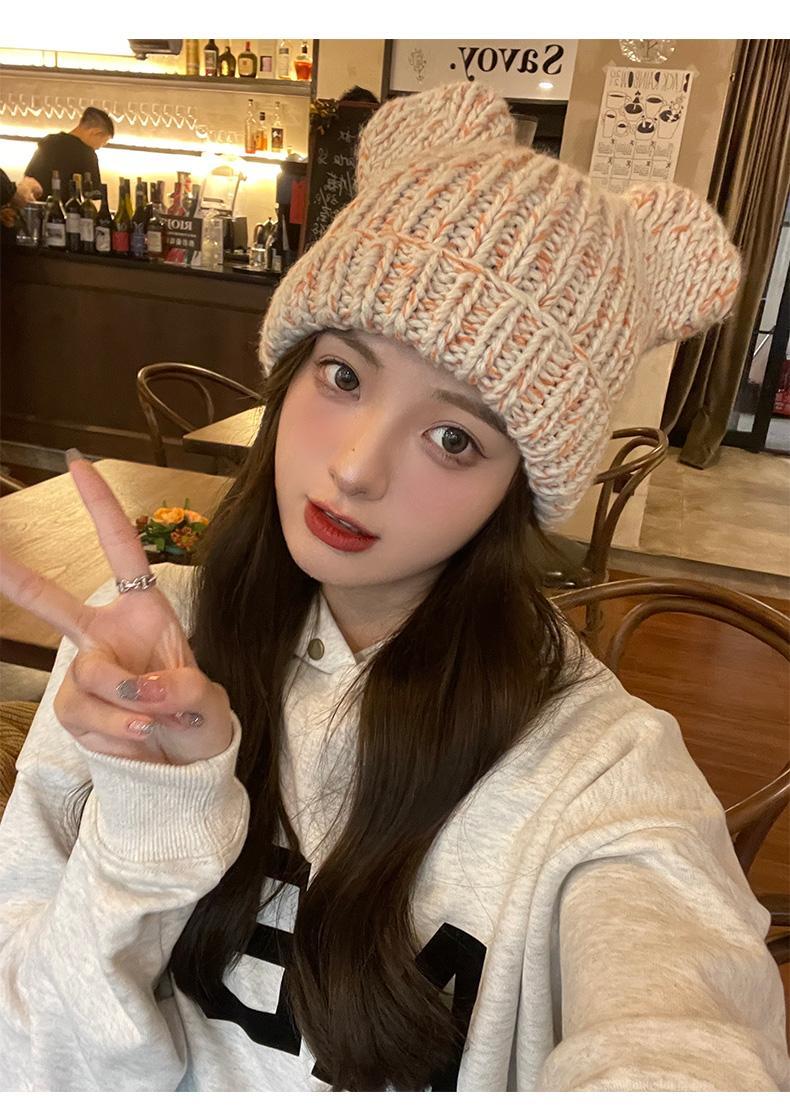 Korean version of for women in autumn winter, cute little bear ears, woolen hat with curled edges, large head_voghion.com